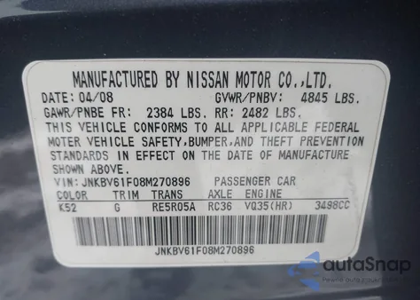 2008 Infiniti G35X z USA, uszkodzony, nr VIN JNKBV61F08M270896